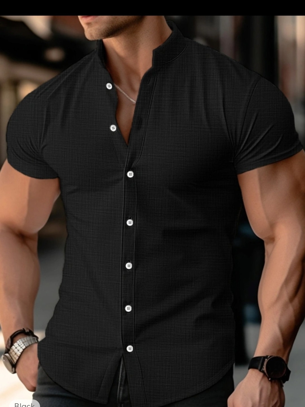 Men's Black Short-Sleeve Button-Down Shirt with Band Collar